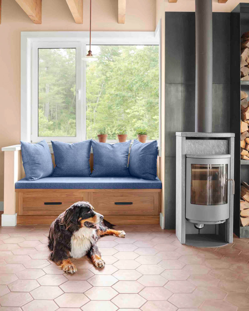 Woodstove in custom home in Freeport, Maine.