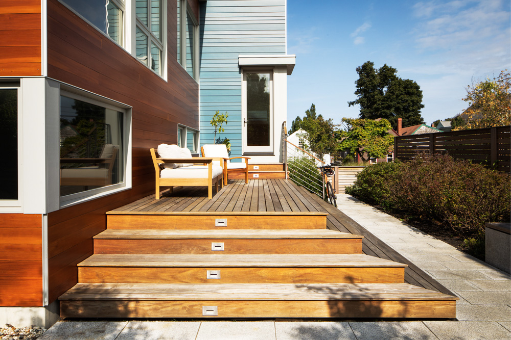 Deck of custom home in Portland, Maine.