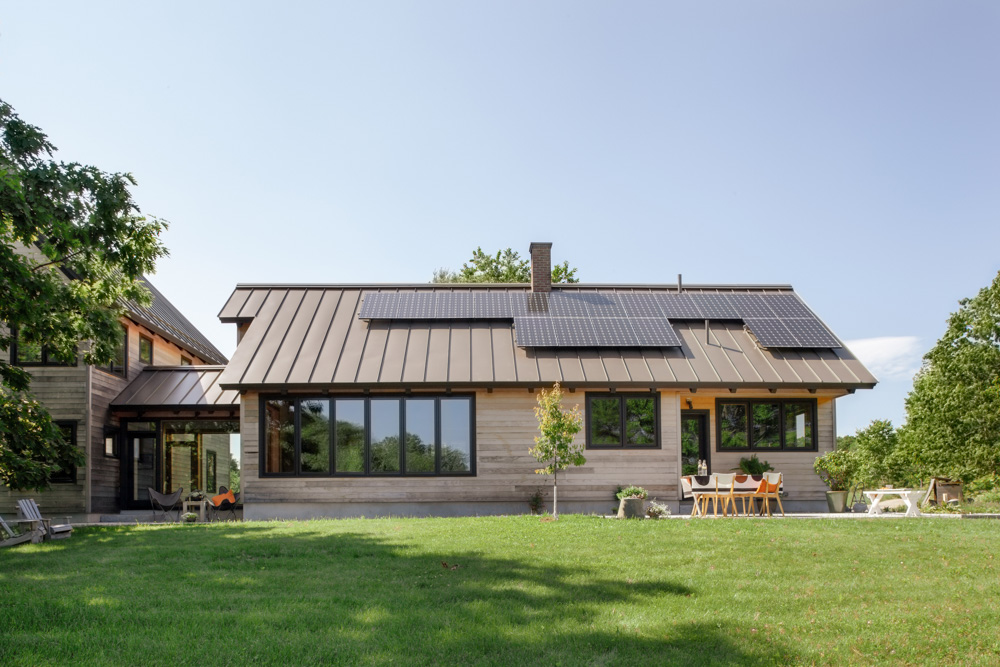 Solar panels on sustainable custom home in Brunswick, Maine.