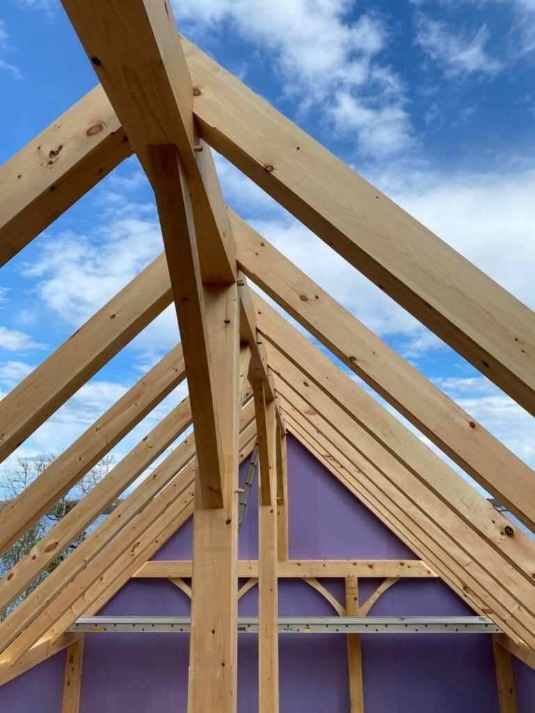 A roof pitch of a timber frame home